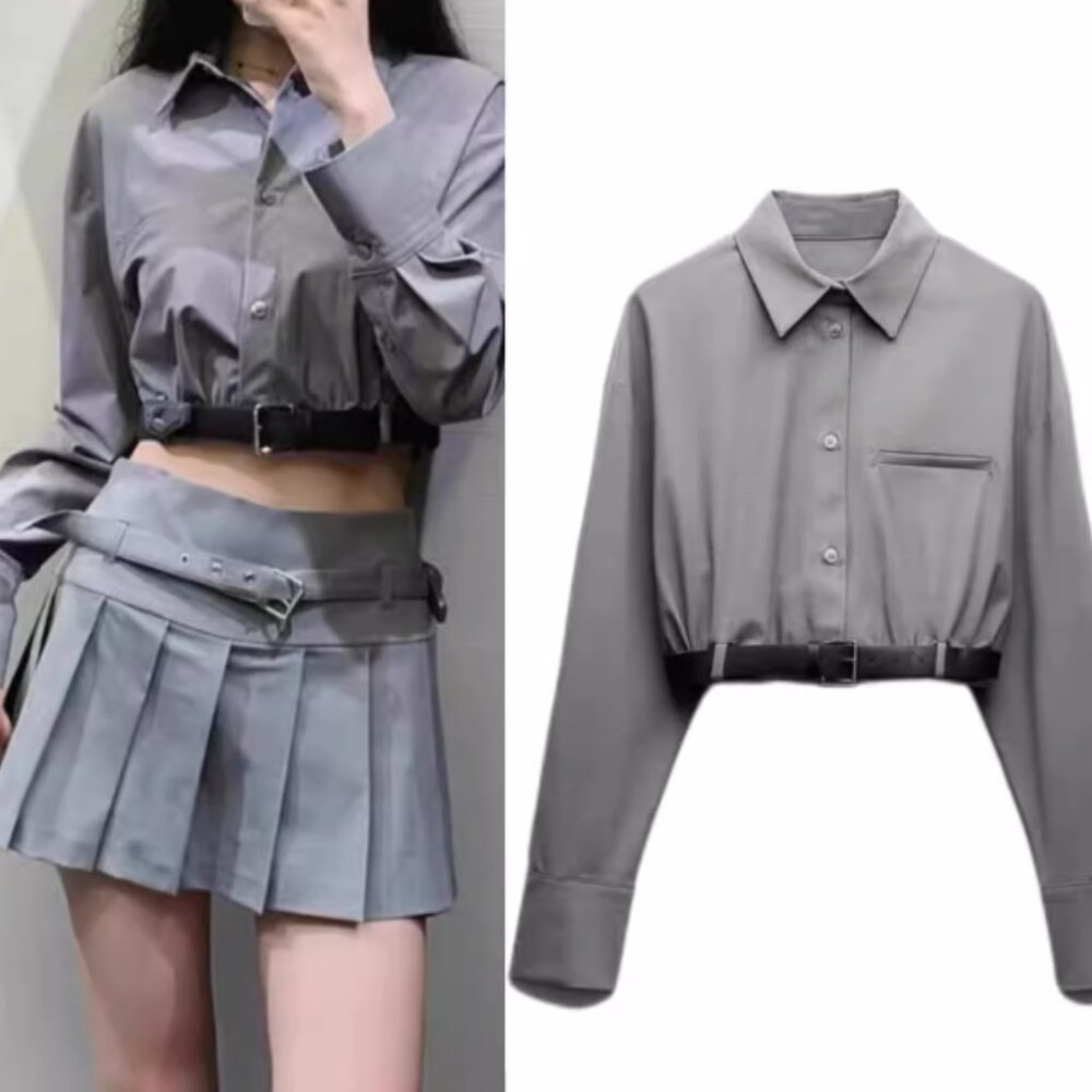 NWT ZARA BELTED CROP SHIRT GRAY MARL